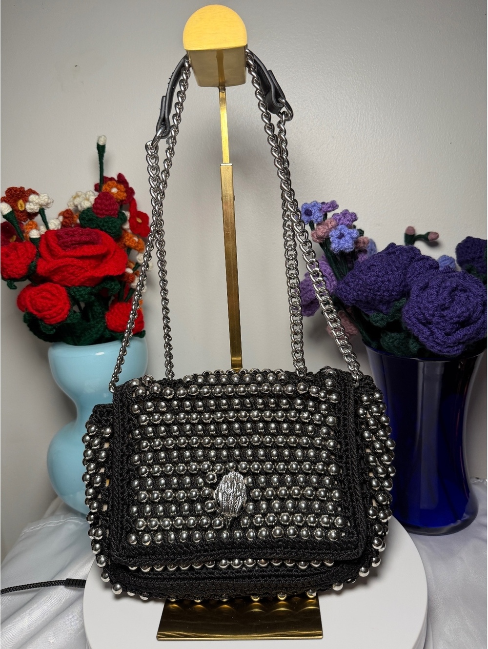 Kurt Geiger Black Crochet Bag with Silver Bead Embellishments EUC
